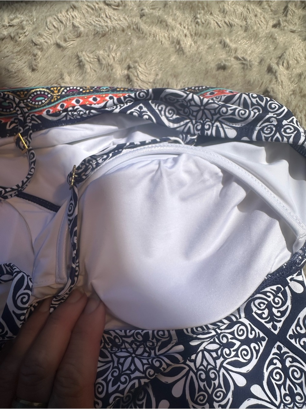 La Blanca Navy and White Tile-Print Swim Tankini with Multicolor Waist Band - Picture 4 of 7